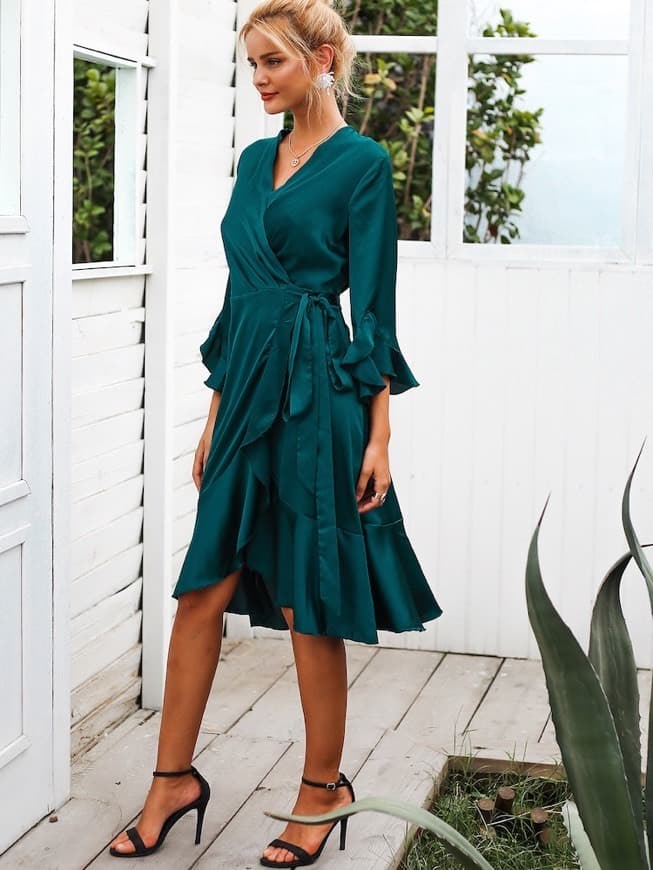 Producto Simplee Asymmetrical Ruffle Hem Surplice Belted Satin Dress 