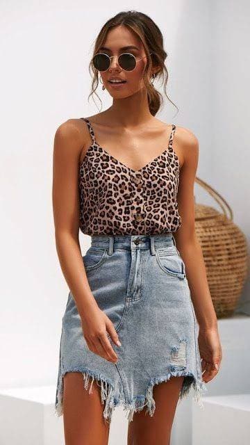 Product denim skirt w/ cheetah print top