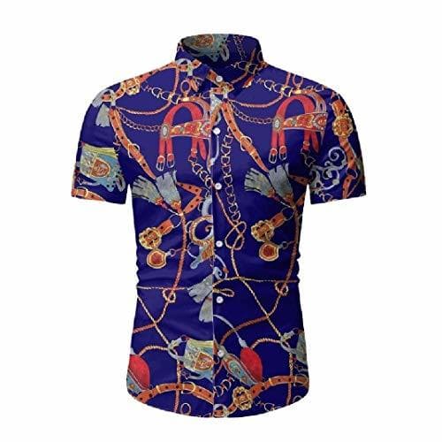 Place Qoyaun Men Peaked Collar Printing Short Sleeve Beach Hawaii Bussiness Shirts