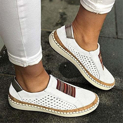 Place QIMITE Mocasines de Cuero Zapatos Casuales Mujer Slip-On Zapatillas de Deporte Blancas