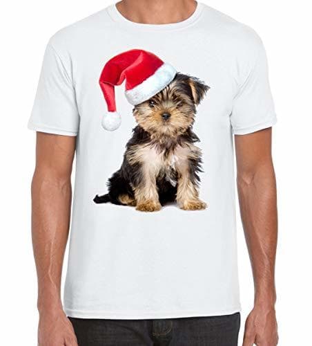 Fashion Yorkshire Terrier with Santa Claus Hat Christmas Men's T-Shirt