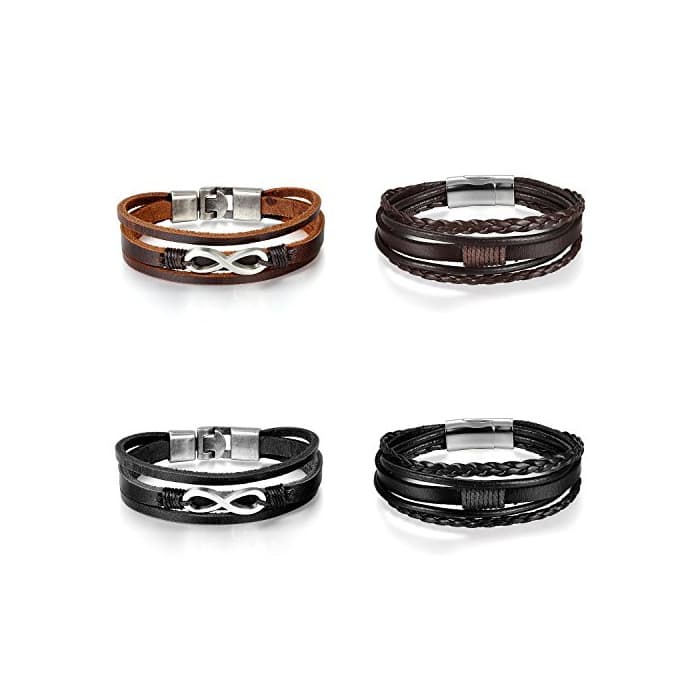 Fashion Pulseras Cuero Juego de 4 Pcs Pulsera Infinito Acero Inoxidable Brazalete Trenzado