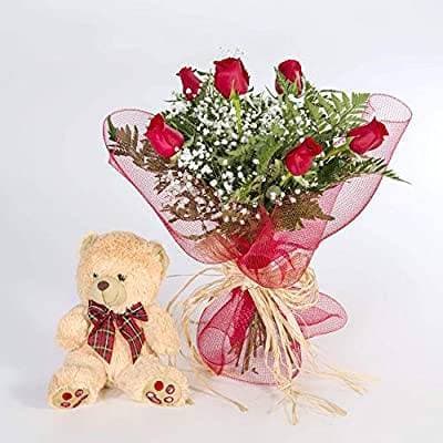 Moda REGALAUNAFLOR-Bouquet 6 rosas vermelhas com urso-FLORES FRES