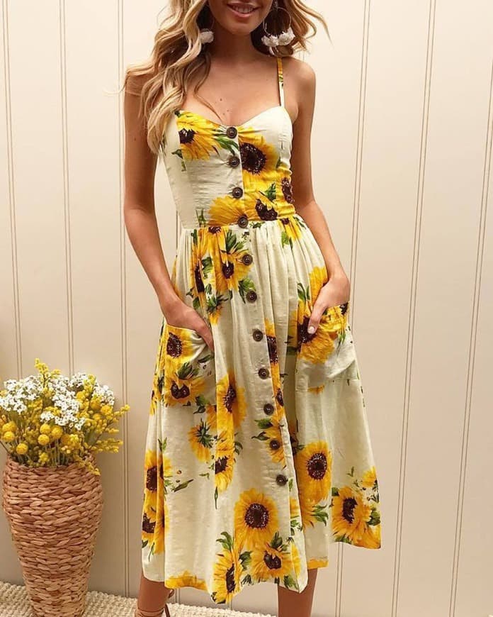 Product Sunflower Print Spaghetti Strap Casual Dress