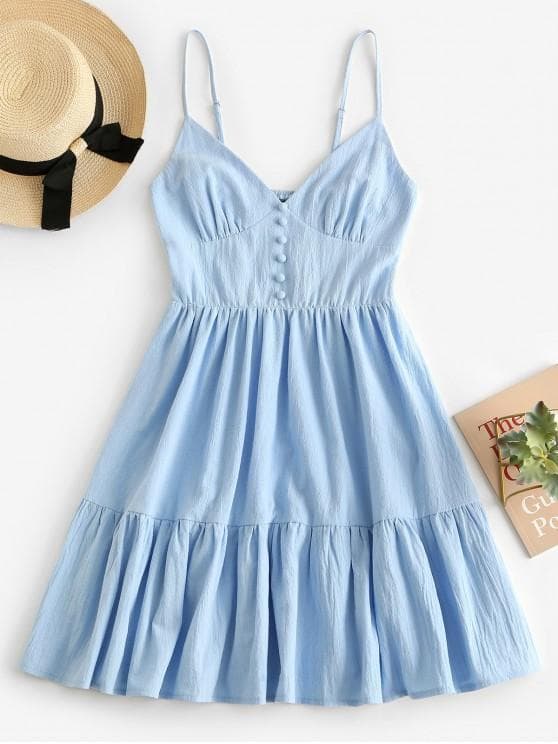 Product Button Embellished Smocked Flounce Hem Cami Dress