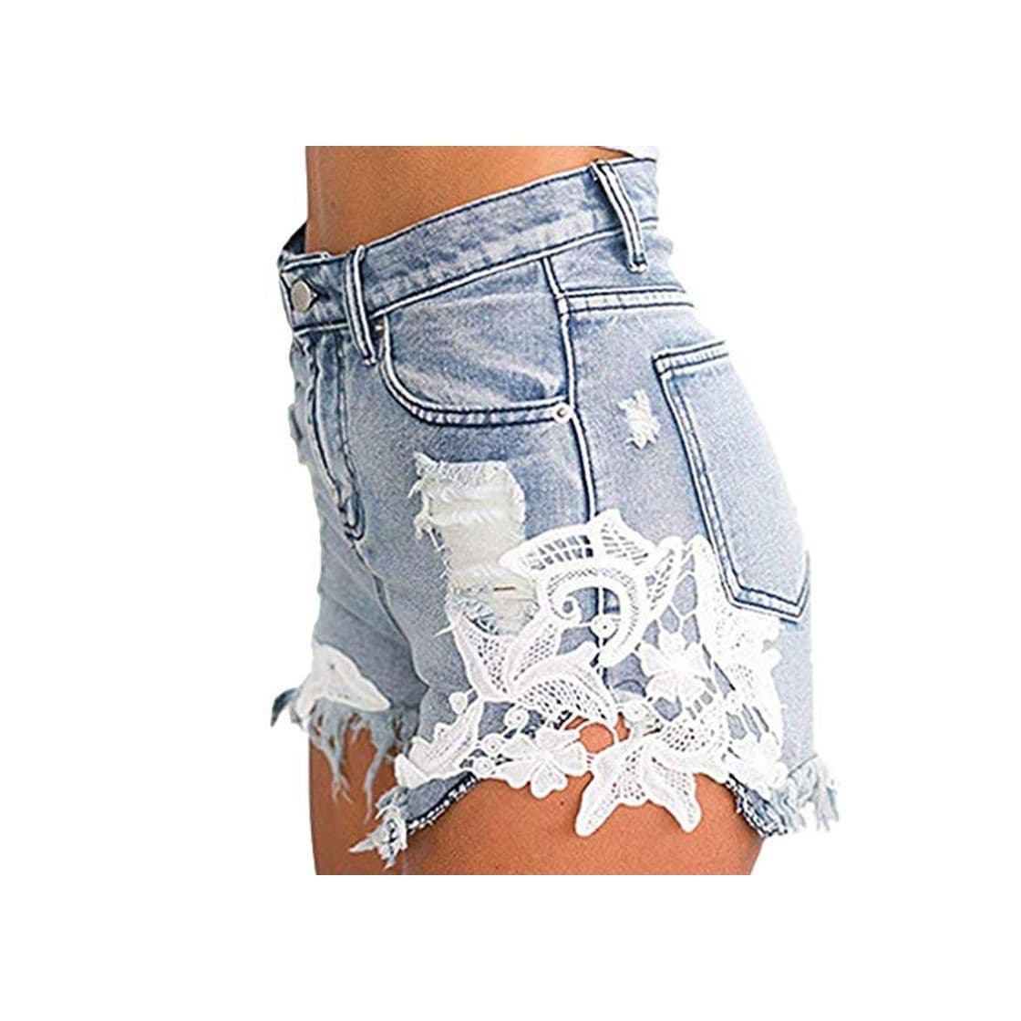 Producto Mujeres de la Borla Pantalones Cortos de Mezclilla Encaje Sexy Flor Costura Jeans Estiramiento de Cintura Alta Corto elástico Jeans Desgastados Shorts Casual Ringered Hot Jeans Denim Shorts