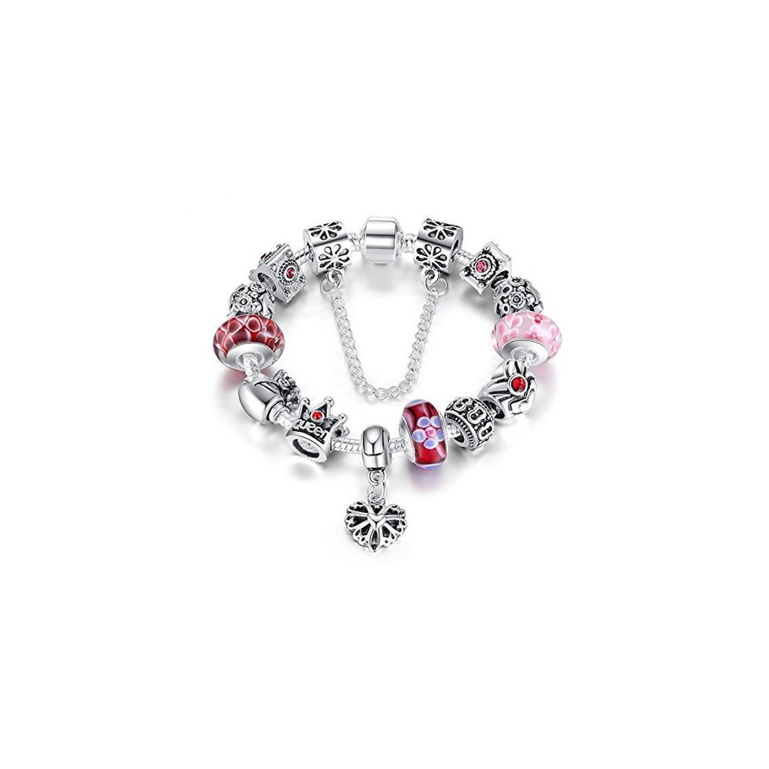 Moda ATE Charm Pulsera Abalorios Corona Corazón Mujeres Cadena Seguridad JWB110