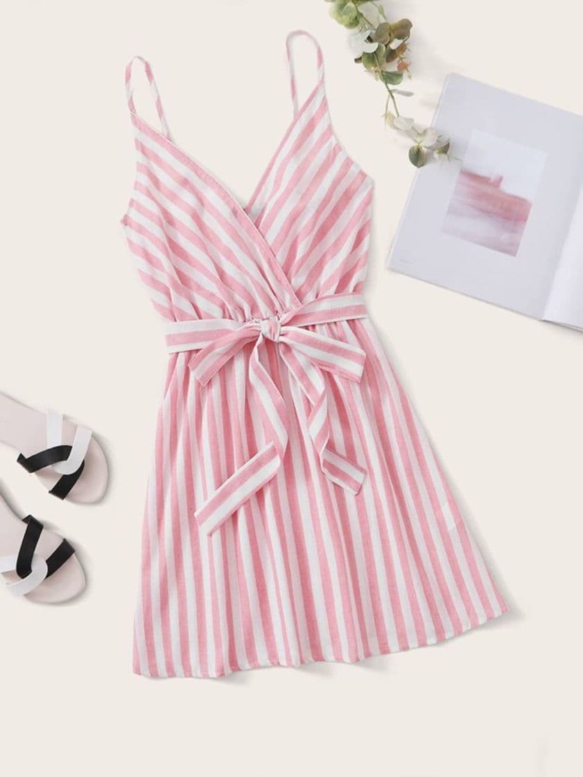 Fashion Surplice Neck Tie Front Striped Slip Dress