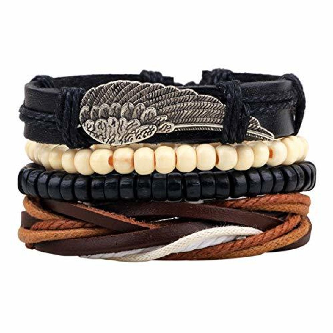 Fashion Inveroo 1set 4pcs Pulsera De Cuero Hombres Multicapa Pulsera De Cuentas Mujeres