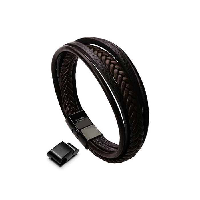 Product murtoo Pulsera Hombre Cuero Acero Inoxidable Cierre Magnética Negro Cuero Marrón Negro