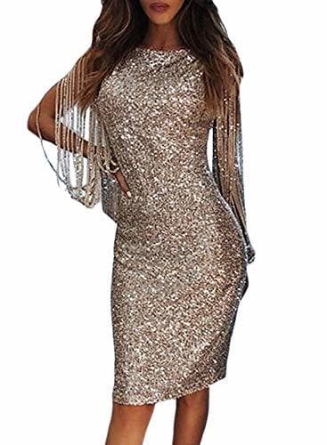 Lugar Minetom Mujeres Cuello Redondo Manga Larga Brillante Lentejuela Vestido Corto Elegante Mini