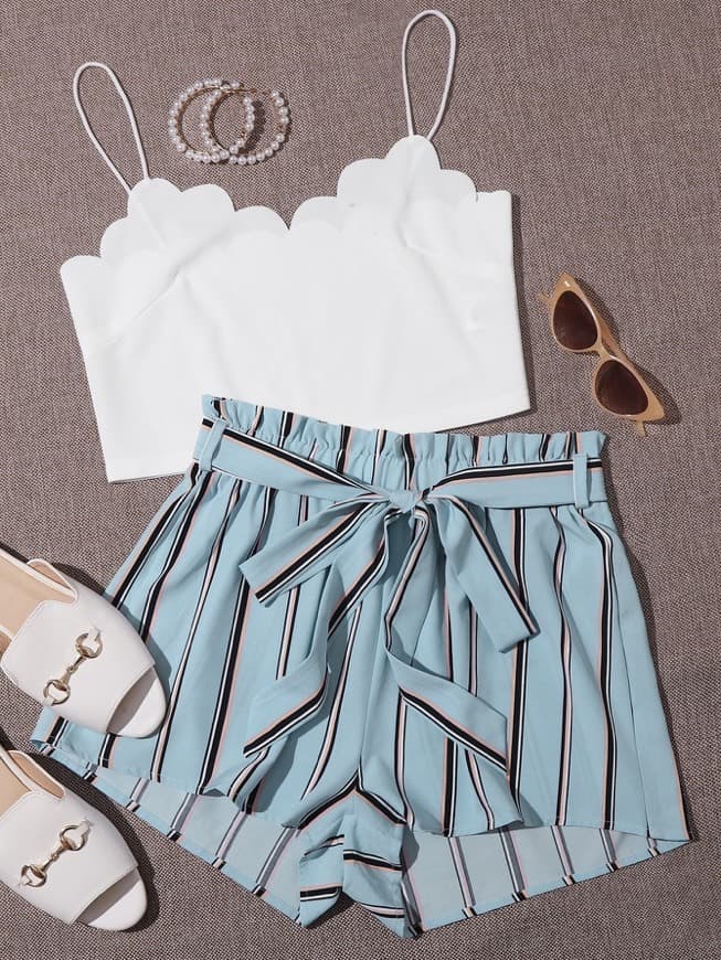 Fashion Scallop Trim Crop Cami Top & Belted Striped Shorts Set