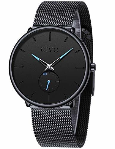 Fashion CIVO Reloj Negro Ultra Fino para Hombre Minimalista Lujo Moda Relojes de