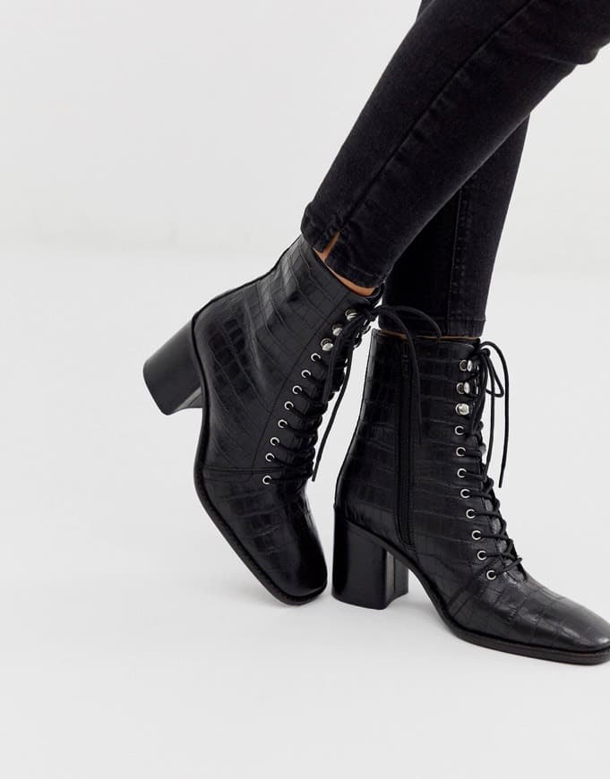 Product Leather square toe lace up boots 