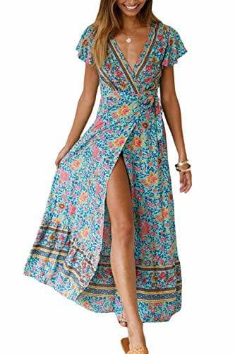 Fashion Vestido Mujer Bohemio Largo Verano Playa Fiesta Floral Manga Corta Cuello en