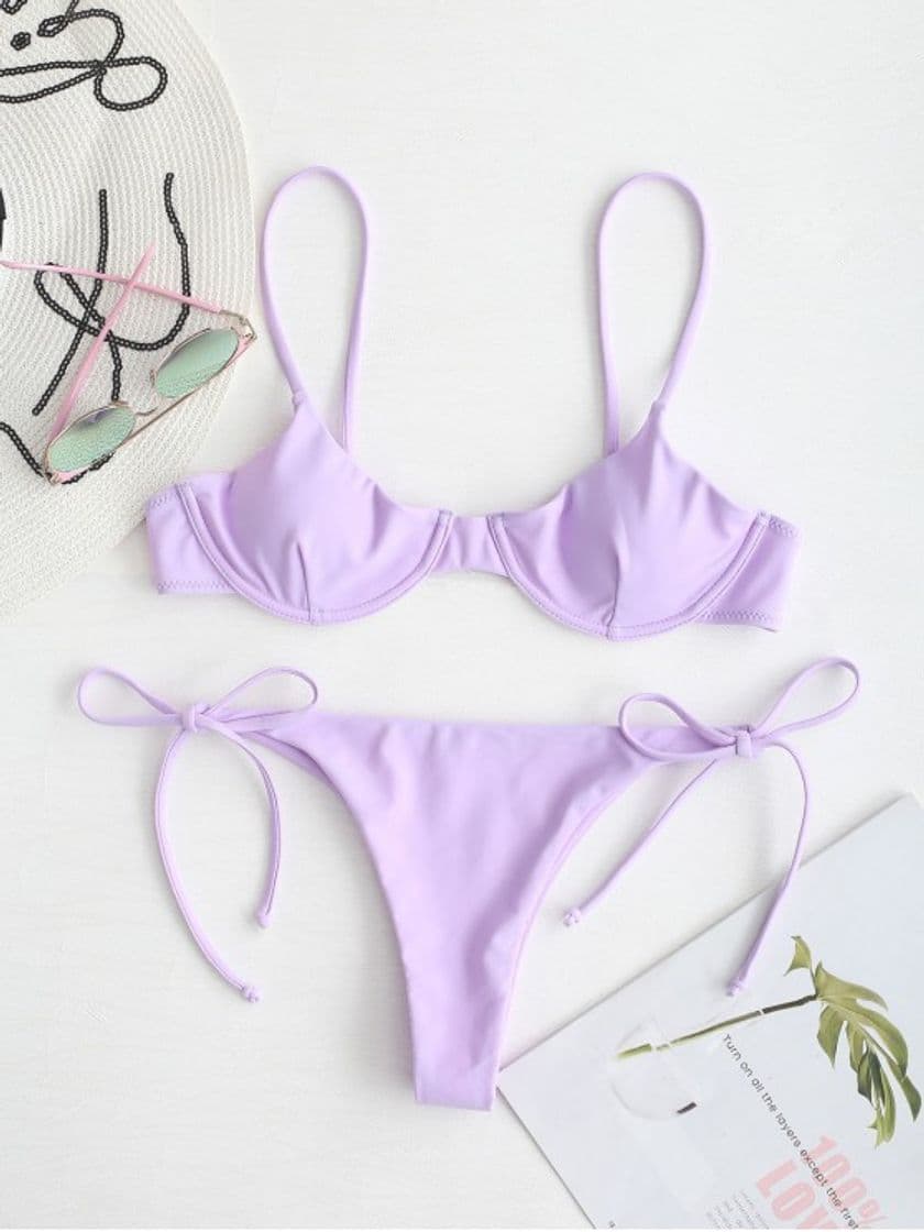 Fashion ZAFUL Tie Underwire Balconette Bikini Set - Mauve S