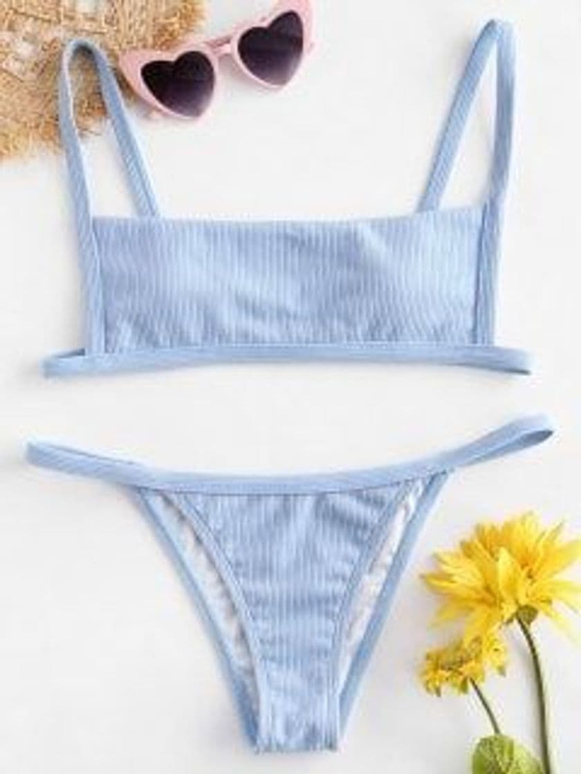 Fashion Bikini De Cordón De Gancho Acanalado - Azul Claro