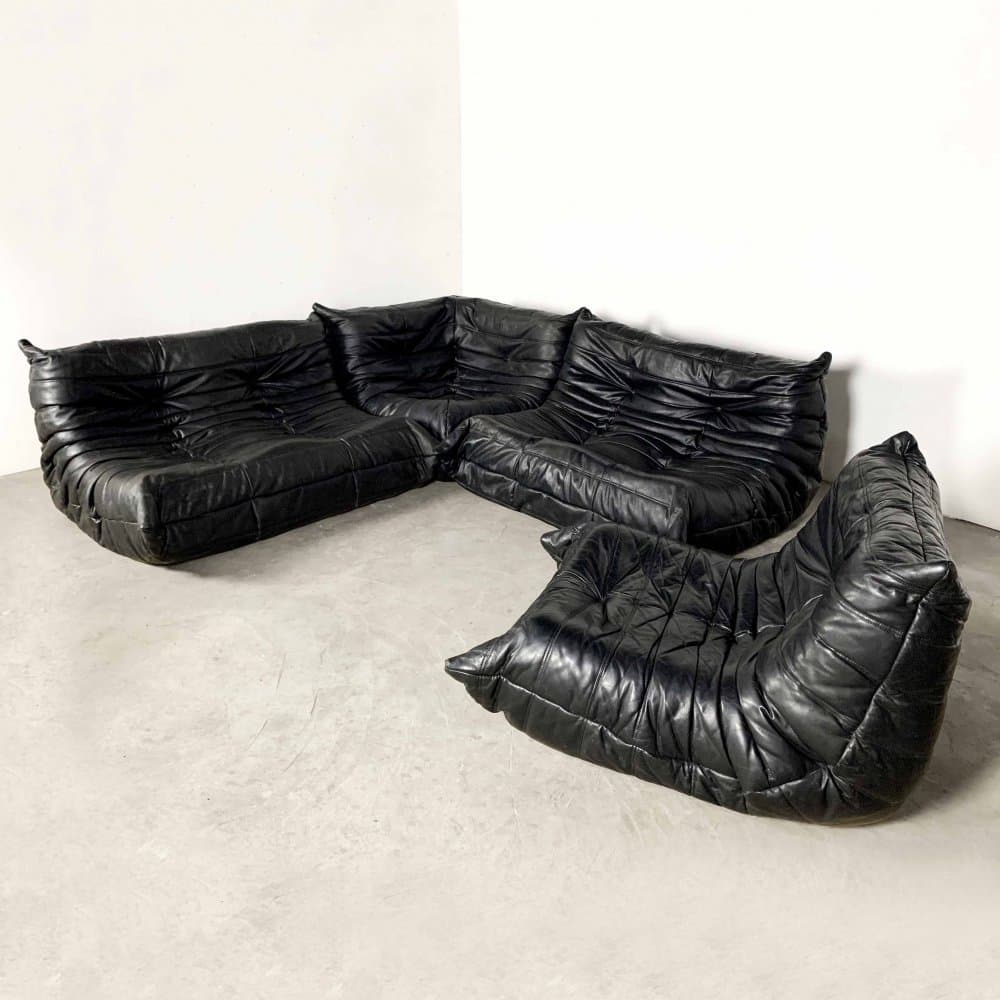 Fashion Modular 4-piece black leather Togo sofa by Michel Ducaroy for ...