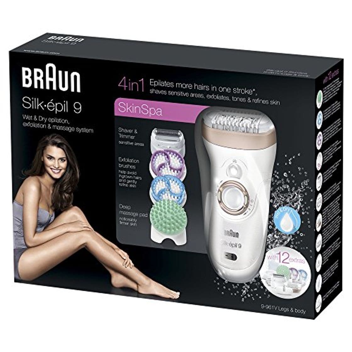 Belleza Braun Silk-épil 9 SkinSpa 9-961v Depiladora Wet&Dry (en húmedo y seco) con cepillos de exfoliación, cabezal de afeitado y almohadilla de masaje profundo