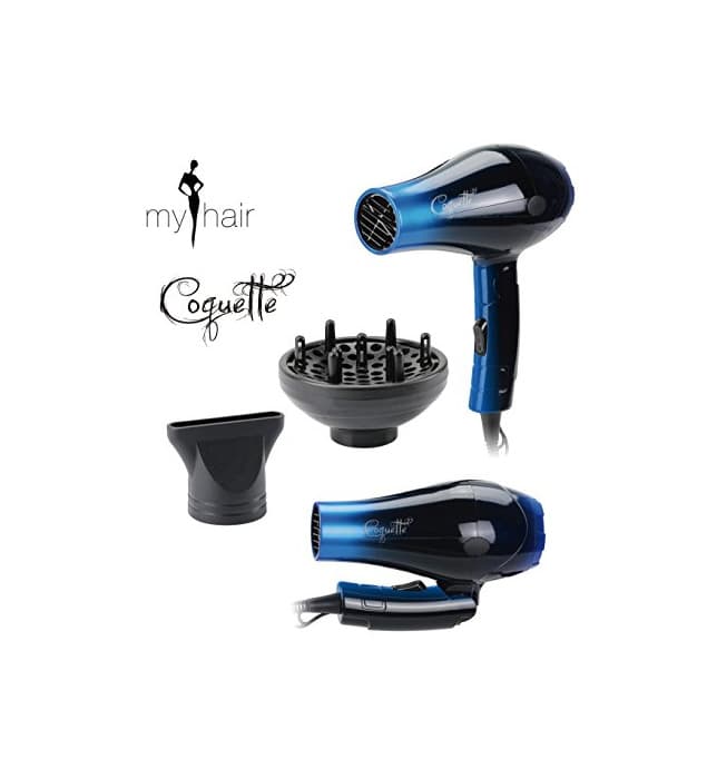 Beauty Secador de Pelo Profesional de Viaje Plegable Ligero con Difusor Coquette Blue