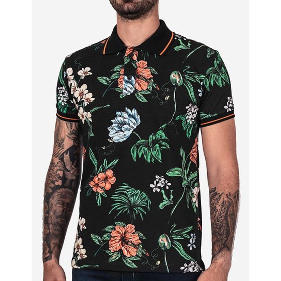 Fashion Polo Hermoso Compadre Flower Masculina - Preto

