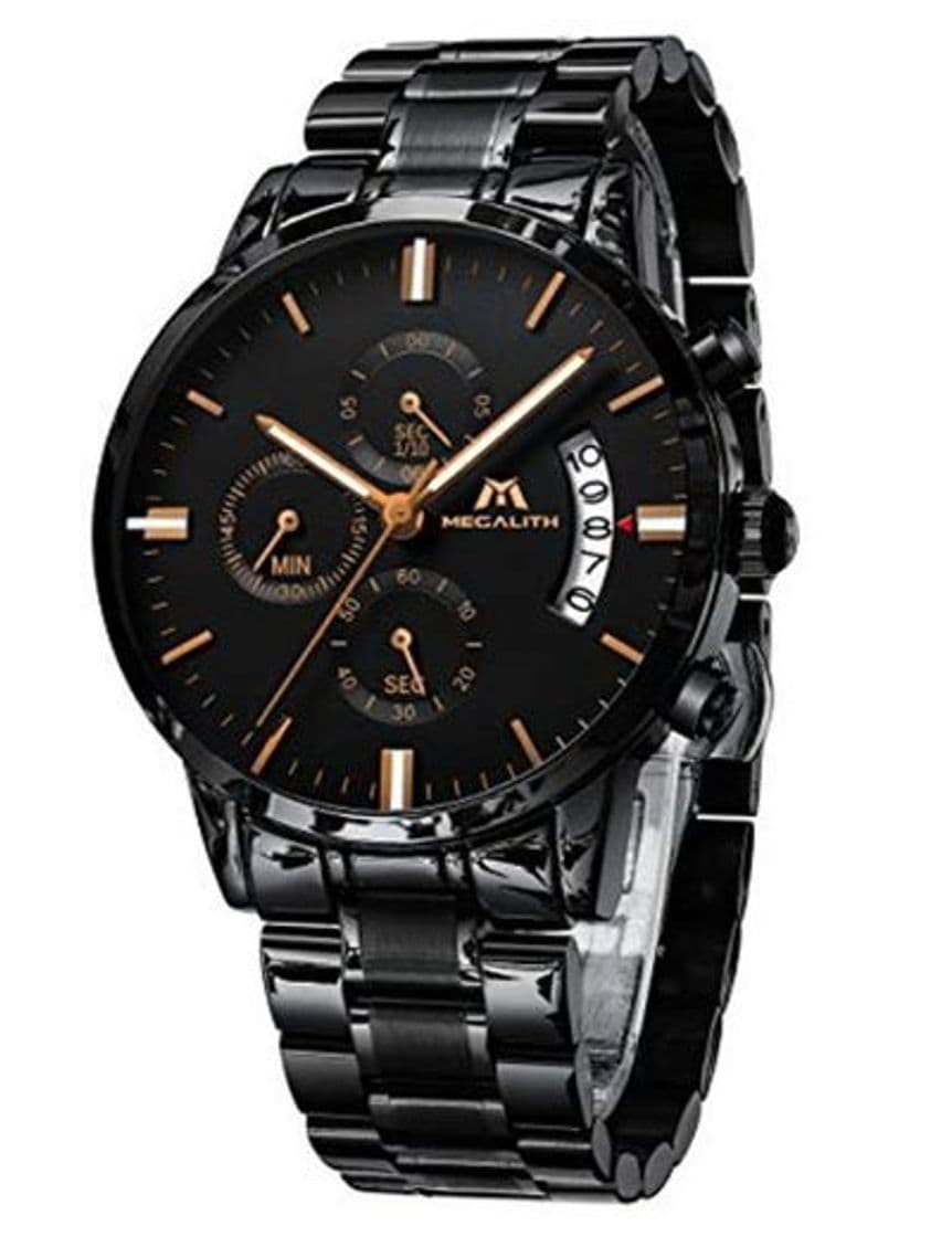 Product Relojes de Hombre Reloje Grandes de Pulsera Military Negro Cronógrafo Impermeable Acero Inoxidable Reloj para Hombres Calendario Analógico