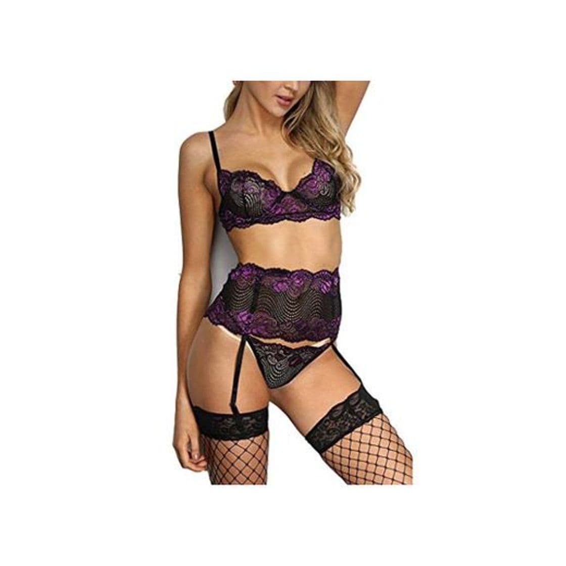 Product QinMMROPA Conjuntos Sexy Mujer Lenceria Encaje Sujetador y Tanga y Liguero Ropa Interior Picardias Babydoll Lenceria Mujer Transparente Lenceria Abierta Morado XXXL