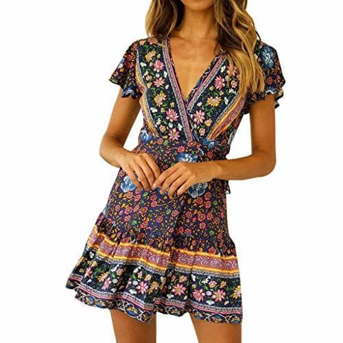 Fashion CANDLLY Mujeres Vestido de Playa Boho Vestido con Mangas Cortas Vestido de