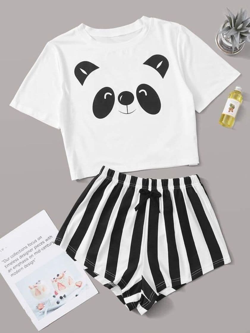 Product Panda And Stripe Print Pajama Set