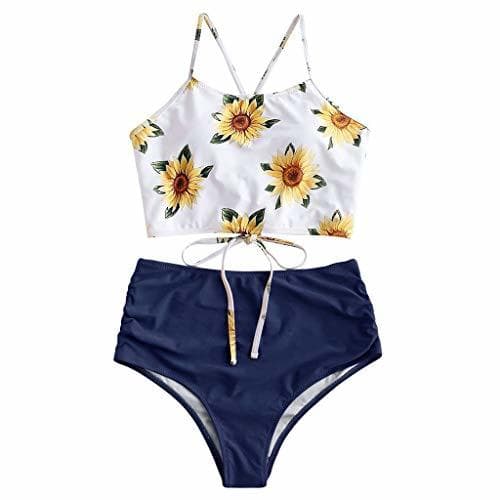 Producto Winwintom-2020 Women's Leaf Print Lace Up Ruched High Waisted Tankini Set Swimsuit