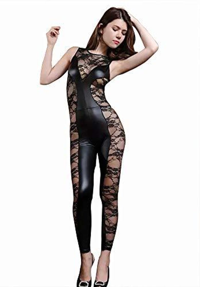 Producto WYCDA Mujer Charol Transparente Jumpsuits Sexy Encaje Transparente Hollow out Bodysuit Lingerie