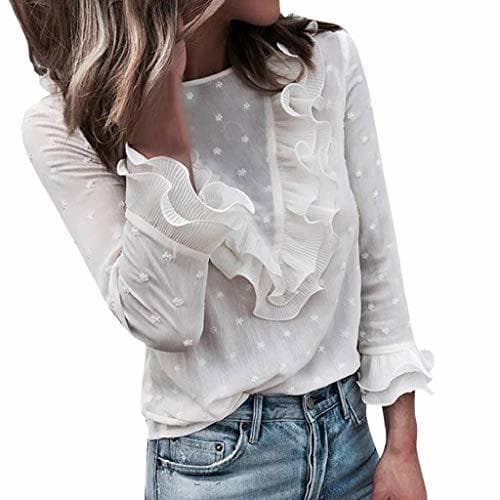 Moda Moda Mujer Casual Encaje Sexy Lunares O Cuello Dulce Volante Camiseta Manga