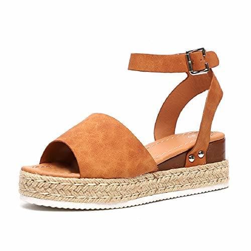 Fashion Sandalias Mujer Plataformas Verano Cuña Piel 5 CM Tacon Punta Abierta Plana