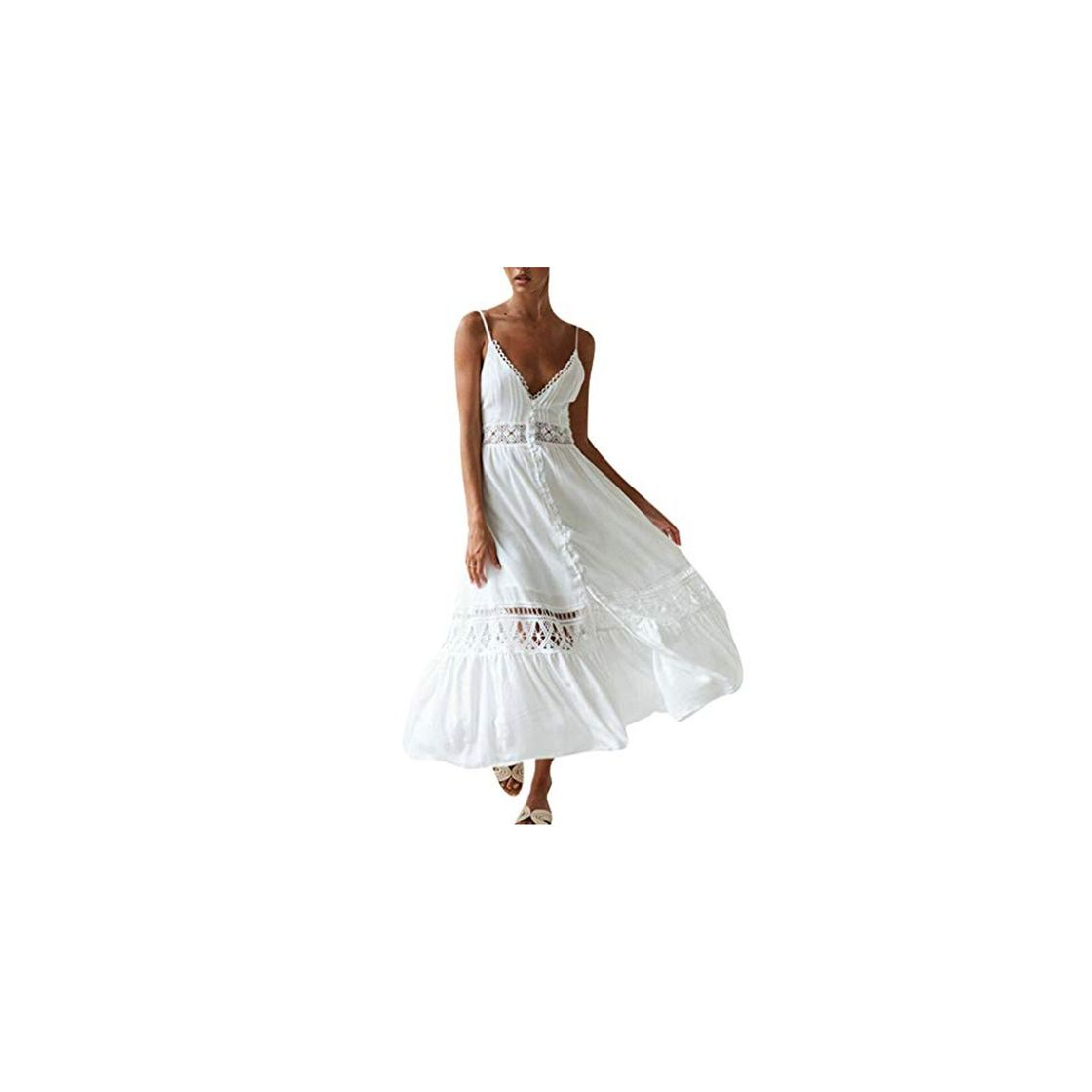 Product Overdose Vestido Blanco de Las Mujeres Ocasional Sólido con Cuello En V de Encaje Patchwork Hollow Sin Mangas Sling Largo Maxi Vestido Vestidos de Verano Mujer 2019