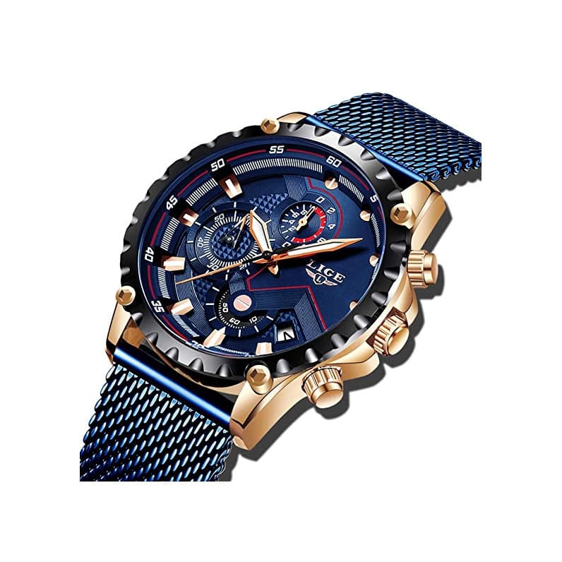 Fashion LIGE Relojes para Hombre Negro Acero Inoxidable Moda Reloj Deportes Impermeable Gran