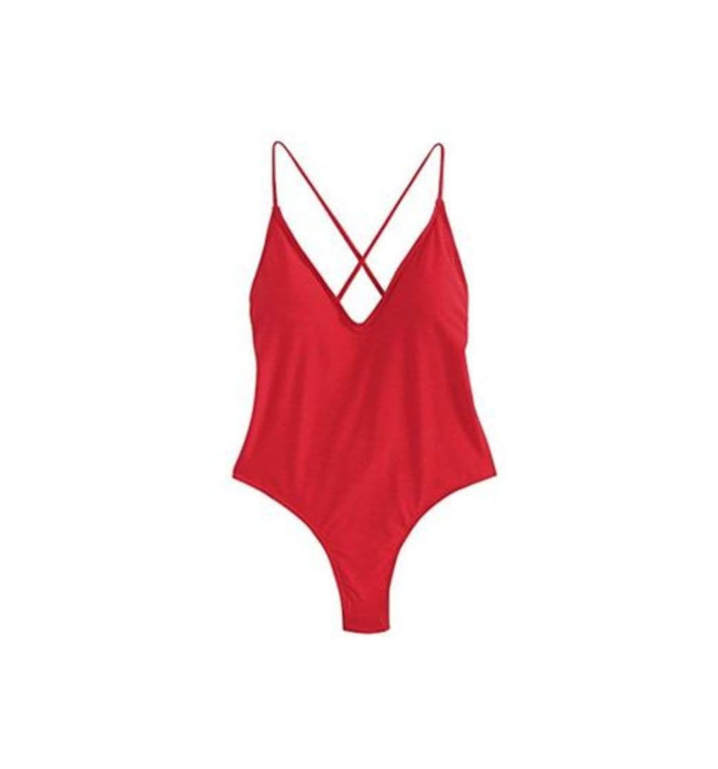 Product SOLYHUX Mujer Ropa de Baño Vestido de Playa Set Biquini una pieza Con Cuello En V Con Cordones Cruzados En La Espalda， Rojo TamañoM