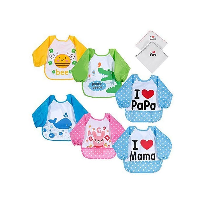 Product Lictin Unisex 6Pcs Baberos de Mangas Larga Impermeable con 2Pcs Baberos Bandana