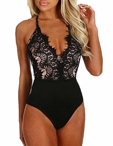 Fashion SEBOWEL Women Eyelash Lace Bodysuit Sexy Halter V Neck Leotard Tops Blouse