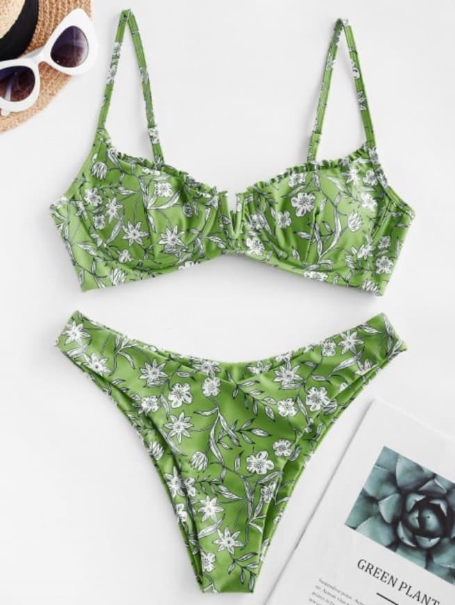 Fashion Floral V-wire Lettuce High Cut Bikini Swimsuit 