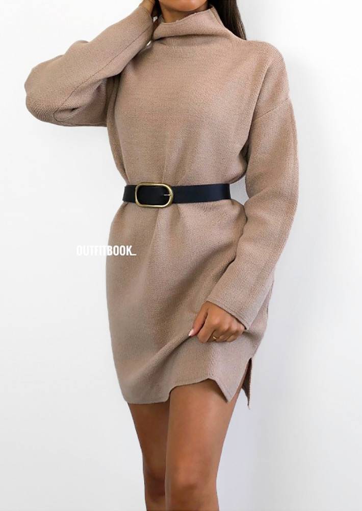 Moda High neck jumper dress in taupe

