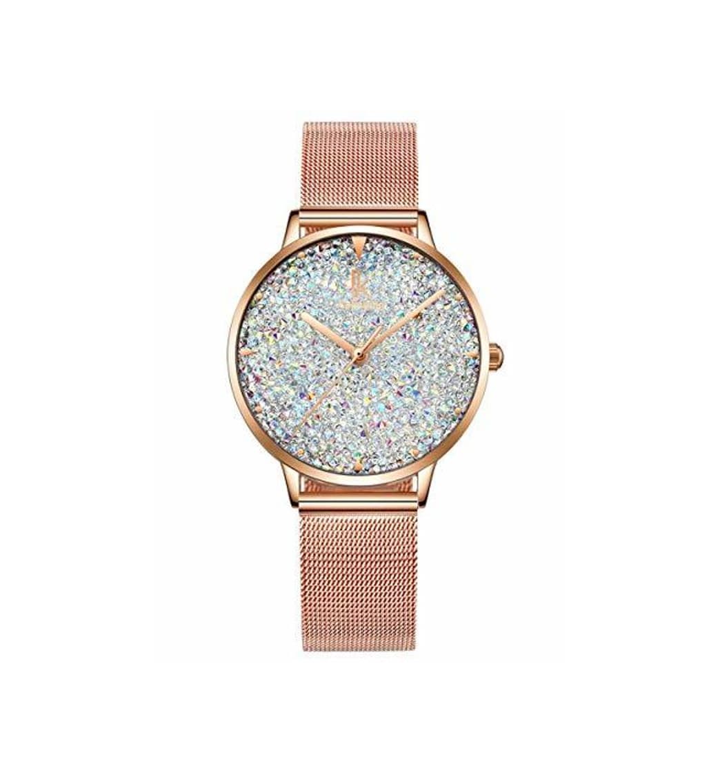 Product Alienwork Reloj Mujer Relojes Acero Inoxidable Oro Rosa Analógicos Cuarzo Blanco Impermeable