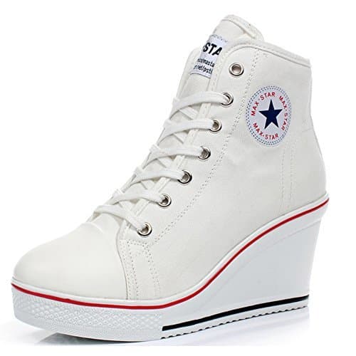 Lugar Mujer Cuñas Zapatos De Lona High-Top Zapatos Casuales Encaje Hebilla Cremallera Lateral