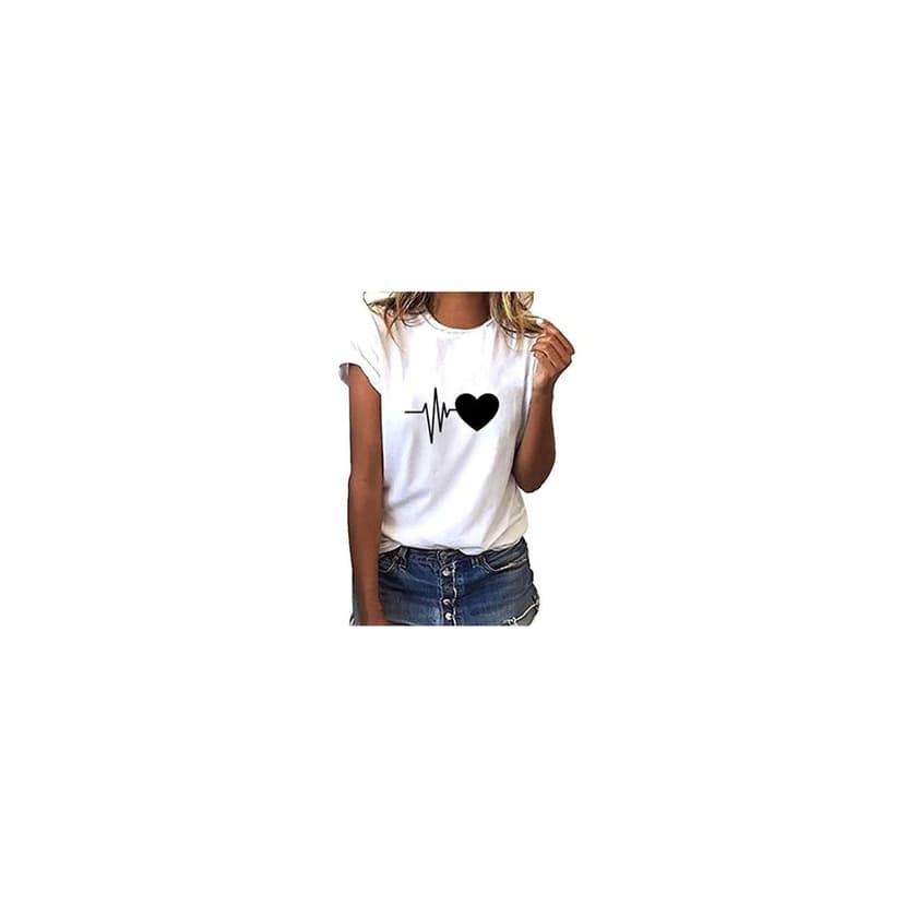 Moda Camiseta de Mujer Manga Corta Corazón Impresión Blusa Camisa Cuello Redondo Basica