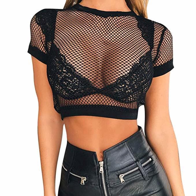 Fashion Abollria Corto Transparente Camisetas Mujer Cuello Redondo Camisa Sexy Top Manga Corta