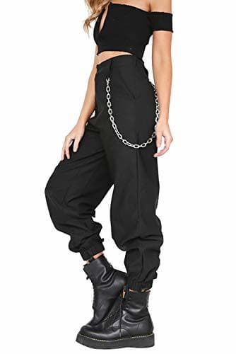 Fashion Pantalon con Cadena y Bolsillos Mujer Retro Boyfriend Pantalone Chandal Cargo Baggy