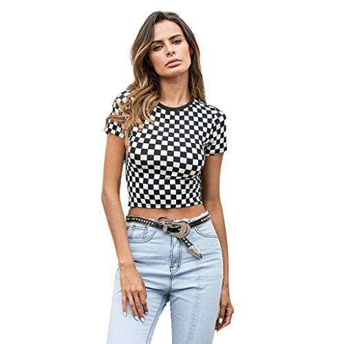 Product Nuevas Mujeres Primavera Verano Camiseta Delgada Negro Blanco Patrón De Tablero De