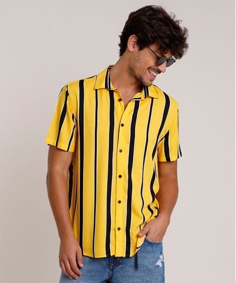 Moda Camisa Masculina Tradicional Listrada Manga Curta Mostarda 