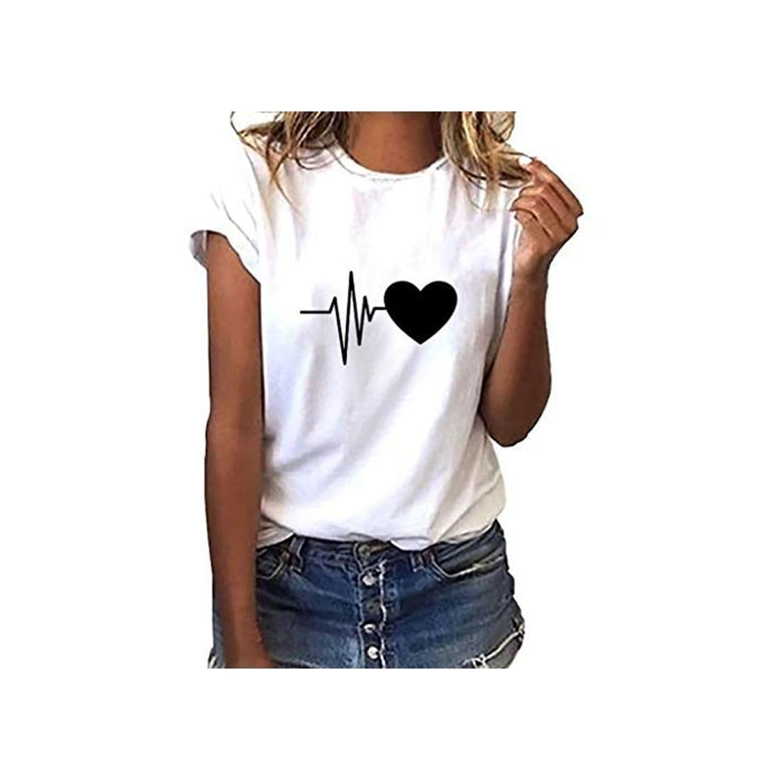 Fashion Camiseta de Mujer Manga Corta Corazón Impresión Blusa Camisa Cuello Redondo Basica