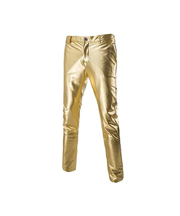 Producto Sliktaa Pantalones Casuales para Hombre Cuero Metálico Brillante Oro Plata Golf