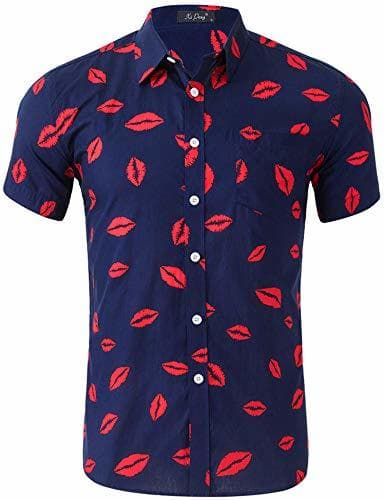 Producto Loveternal Camisa Hawaiana Hombres Botón Abajo Camisa Labios Rojos Amarilla Algodón de